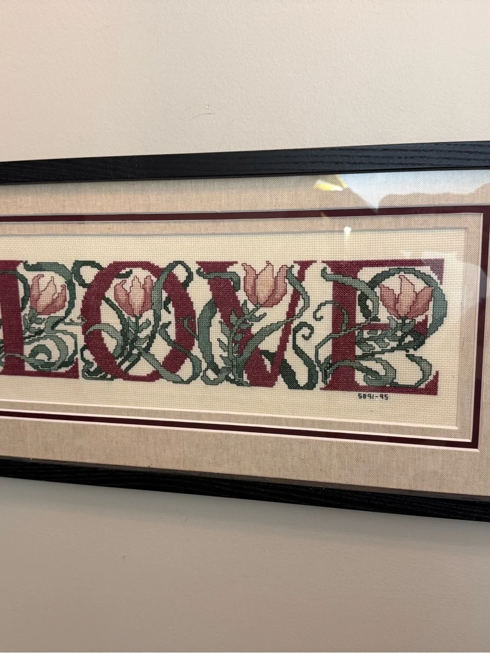 Black Framed Floral Cross-Stitch Wall Art - Neutral and Burgundy Accents